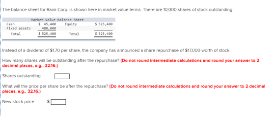 The balance sheet for Rami Corp. is shown here in market value terms. There are 10,000 shares of stock outstanding. $ 525,400