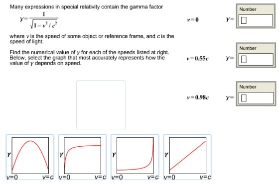 Many expressions in special relativity contain the gamma factor Number where v is the speed of some object or reference frame, and c is the speed of light. Find the numerical value of for each of the speeds listed at right. Below, select the graph that most accurately represents how the 055cY- Number value of y depends on speed. Number
