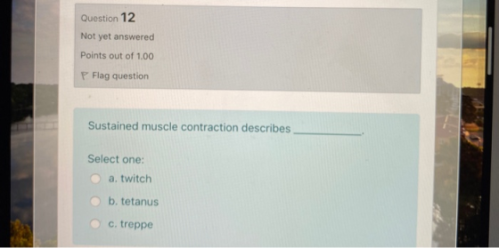 Question 12 Not yet answered Points out of 1.00 P Flag question Sustained muscle contraction describes Select one: a. twitch