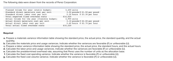 The following data were drawn from the records of Perez Corporation. Planned volume for year (static budget) Standard direct
