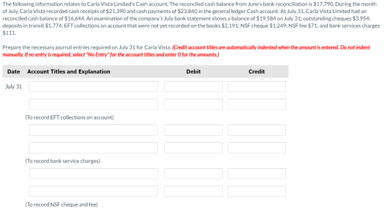 The following information relates to Carla Vista Limiteds Cash account. The reconciled cash balance from Junes bank reconci
