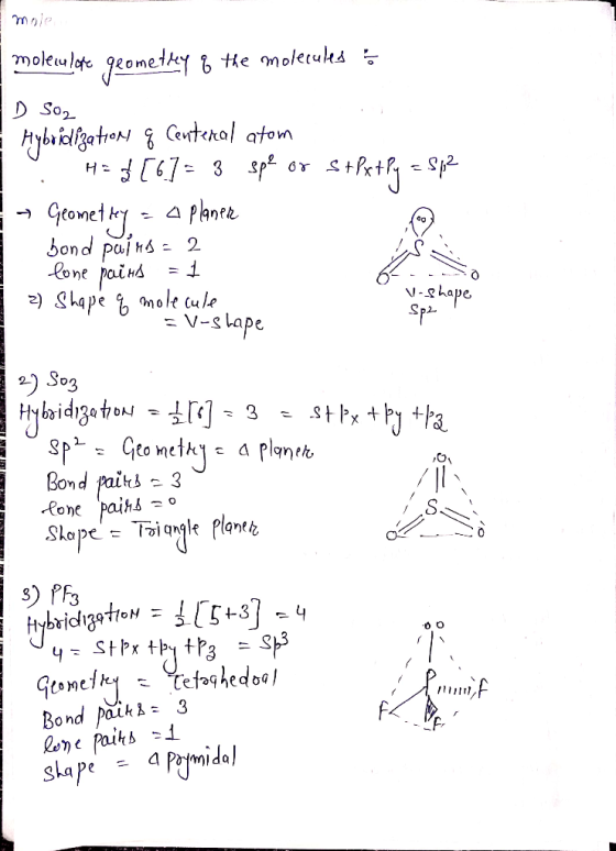 E mole moleculate geomettey & the molecules : -D 502 Hybridization & Centeral atom I Had [6] = 3 spl or S+Px+Py = $p2 - Geome