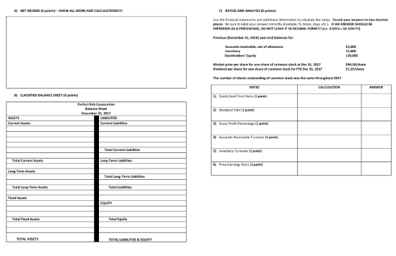 A) NET INCOME (6 points) - SHOW ALL WORK AND CALCULATIONS!!!! C) RATIOS AND ANALYSIS (6 points): Use the financial statements