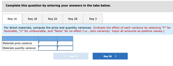 Complete this question by entering your answers in the tabs below. Req 1A Reg 1B Reg 2A Req 2B Req3 For direct materials, com