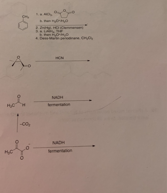 1. a. AICl3 CH3 b. then H30+/H2O 2. Zn(Hg), HCI (Clemmensen) 3. a. LiAlH4. THF b. then H3O+/H2O 4. Dess-Martin periodinane, C