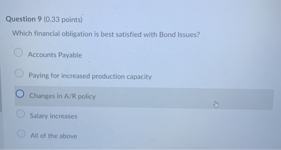 Question 9 (0.33 points) Which financial obligation is best satisfied with Bond Issues? O Accounts Payable Paying for increas