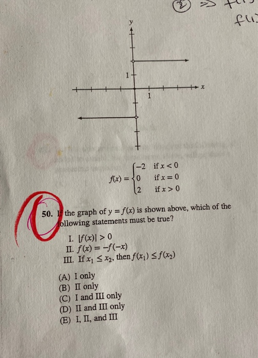 th fu + + + + X + + 1-2 f(x) = {0 2 if x < 0 if x = 0 if x > 0 50. the graph of y = f(x) is shown above, which of the followi
