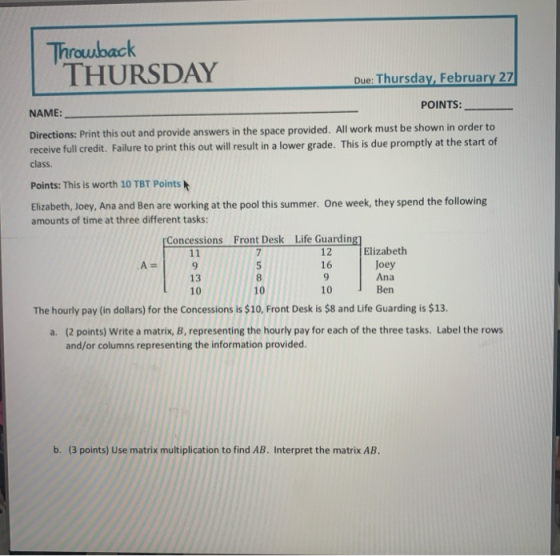 Throwback THURSDAY Due: Thursday, February 27 NAME: POINTS: Directions: Print this out and provide answers in the space provi