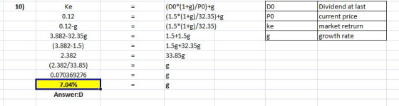 Dividend at last (DO*(1+g)/PO)+g (1.5*(1+g)/32.35)+g (1.5*(1+g)/32.35) 10) Кe DO current price market retrurn 0.12 PO 0.12-g