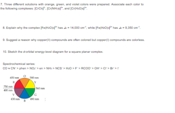 7. Three different solutions with orange, green, and violet colors were prepared. Associate each color to the following compl