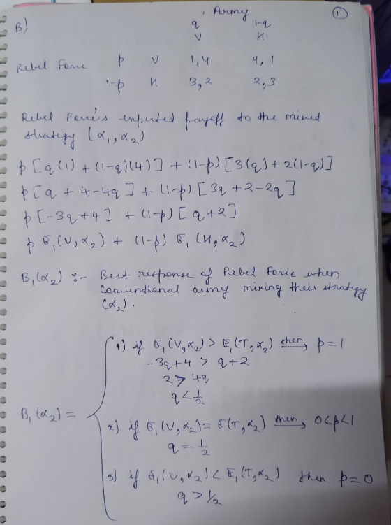 ☺ Army B) И V 1,4 4, I Rebel for 1- n И 3,2 2,3 Rebel forces expected payoff to the mised strategy (a,,da o p q li)+(1-2)(4)]
