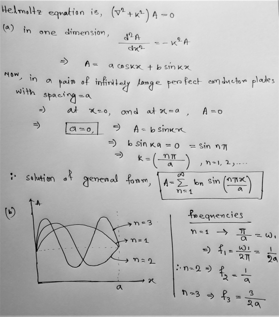 Hel moltz equation is, (v2+k?) A = 0 (a) in dimension, d2A one -K²A dx2 A= Now, in a a coska tb sinua pair of infinitely larg