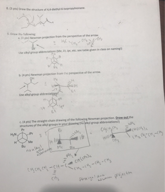 8. (3 pts) Draw the structure of 4,4-diethyl-6-Isopropyinonane. 9. Draw the following: a. ( pts) Newman projection from the p