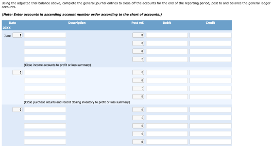 Using the adjusted trial balance above, complete the general journal entries to close off the accounts for the end of the rep