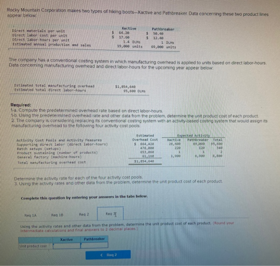 Rocky Mountain Corporation makes two types of hiking boots-Xactive and Pathbreaker. Data concerning these two product lines a