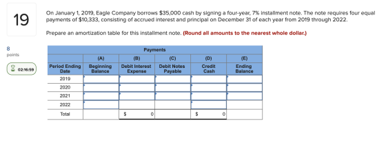 19 On January 1, 2019, Eagle Company borrows $35,000 cash by signing a four-year, 7% installment note. The note requires four