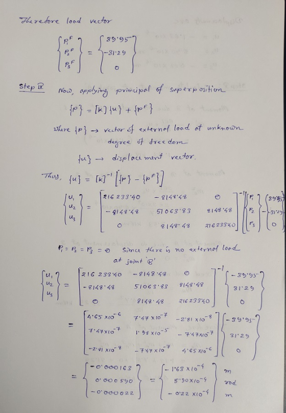 Therefore lood vector SpA 2 S 39:957 = -3129 Step Now, applying principal of superposition {p} = [K] {n} + {pr} where {p} -
