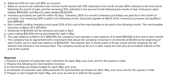 b. Sales are 20% for cash and 80% on account. c. Sales on account are collected over a three-month period with 10% collected
