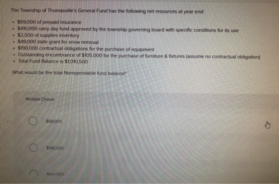 The Township of Thomasvilles General Fund has the following net resources at year end: $69,000 of prepaid insurance $410,000