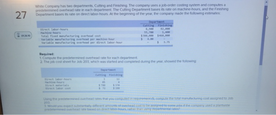 White Company has two departments, Cutting and Finishing. The company uses a job-order costing system and computes a predeter