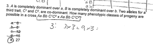 voi at 3. A is completely dominant over a, B is completely dominant over b. Two alleles for a third trait, C and C are co-dom
