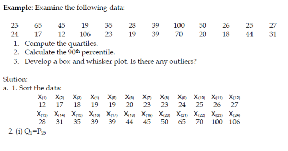 Example: Examine the following data: 23 65 45 1935 28 39 100 50 2625 27 24 17 12 106 231939 70 20 1844 31 Compute the quartiles. 2. 1. Calculate the 90th percentile. 3. Develop a box and whisker plot. Is there any outliers? Slution: a. 1. Sort the data: 12 17 18 19 19 20 23 23 24 25 26 27 28 31 35 39 39 44 45 50 65 70 100 106 2. (İ) Qi-P25