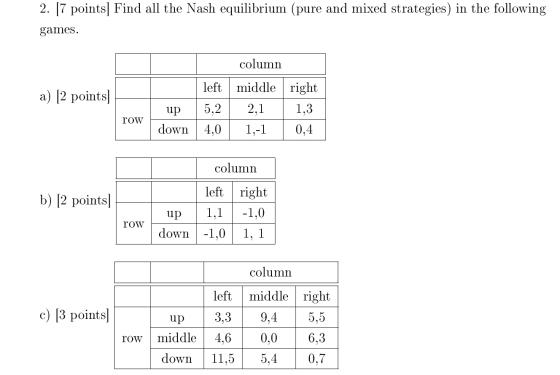 2. [7 points) Find all the Nash equilibrium (pure and mixed strategies) in the following games. a) (2 points) column left mid