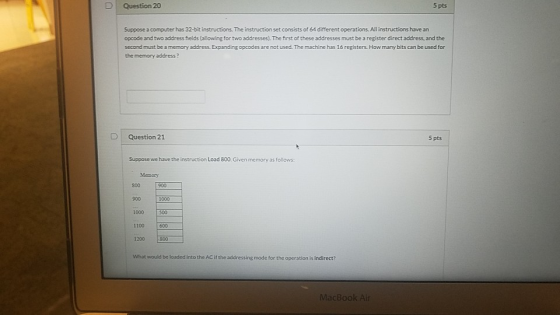 Question 20 5 pts Suppose a computer has 32-bit instructions. The instruction set consists of 64 different operations. All in