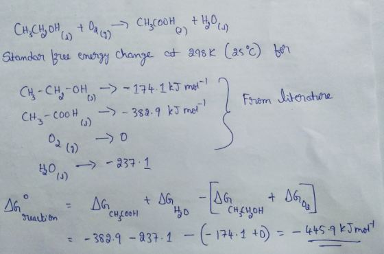 Chęchy Dhan + Da con > CHCOOH) + 440.6. Standor free energy change at 298K (25) for CH-CH-OH - - 174.1 kJ mot ? from literat