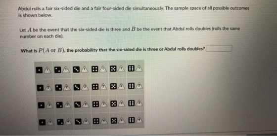 Abdul rolls a fair six-sided die and a fair four-sided die simultaneously. The sample space of all possible outcomes is shown