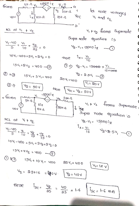 Given 5kn 150pois V 120 V₂ 25r2 of let node volages V and v2 yov 102 25 kn Voc b KCL at vi & Uz ViA vagy fooms Supande Super