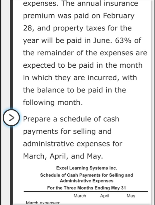 expenses. The annual insurance premium was paid on February 28, and property taxes for the year will be paid in June. 63% of