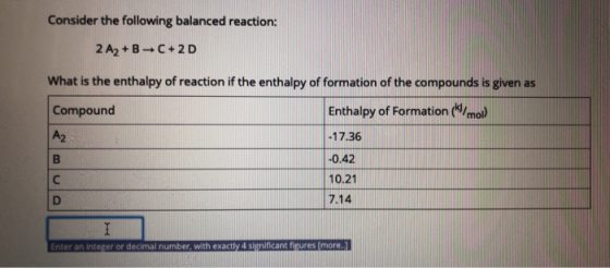 Consider the following balanced reaction: 2 A2+B+C+2D What is the enthalpy of reaction if the enthalpy of formation of the co