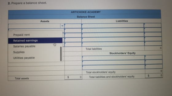 2. Prepare a balance sheet. ARTICHOKE ACADEMY Balance Sheet Assets Liabilities Prepaid rent Retained earnings Salaries payabl