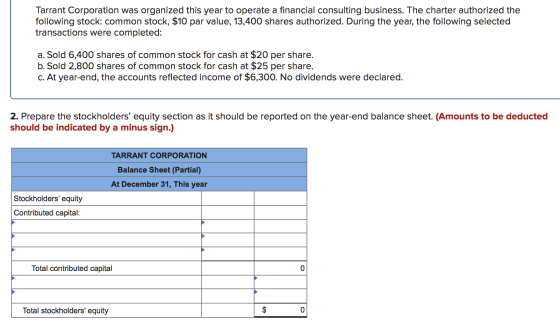 Tarrant Corporation was organized this year to operate a financial consulting business. The charter authorized the following