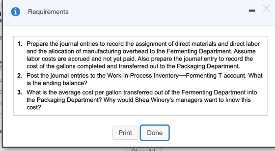 Requirements 1. Prepare the journal entries to record the assignment of direct materials and direct labor and the allocation