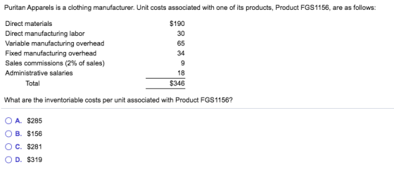 Puritan Apparels is a clothing manufacturer. Unit costs associated with one of its products, Product FGS1156, are as follows:
