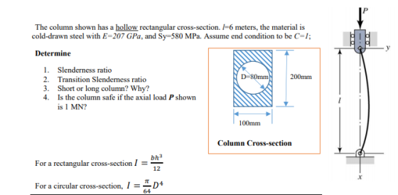 O The column shown has a hollow rectangular cross-section. I=6 meters, the material is cold-drawn steel with E=207 GPa, and S