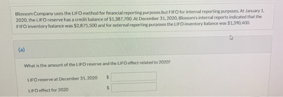 Blossom Company uses the LIFO method for financial reporting purposes but FIFO for internal reporting purposes. At January 1,