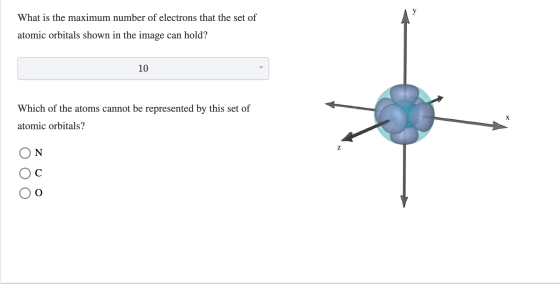 What is the maximum number of electrons that the set of atomic orbitals shown in the image can hold? 10 Which of the atoms ca