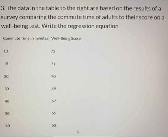 3. The data in the table to the right are based on the results of a survey comparing the commute time of adults to their scor