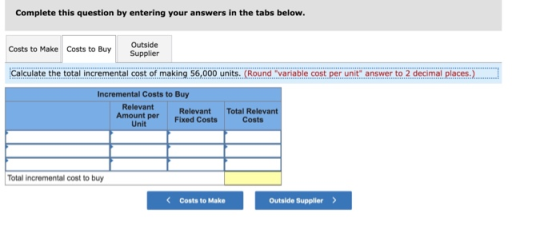 Complete this question by entering your answers in the tabs below. Outside Costs to Make Costs to Buy Supplier Calculate the