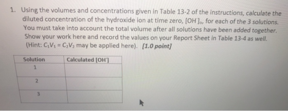 1. Using the volumes and concentrations given in Table 13-2 of the instructions, calculate the diluted concentration of the h