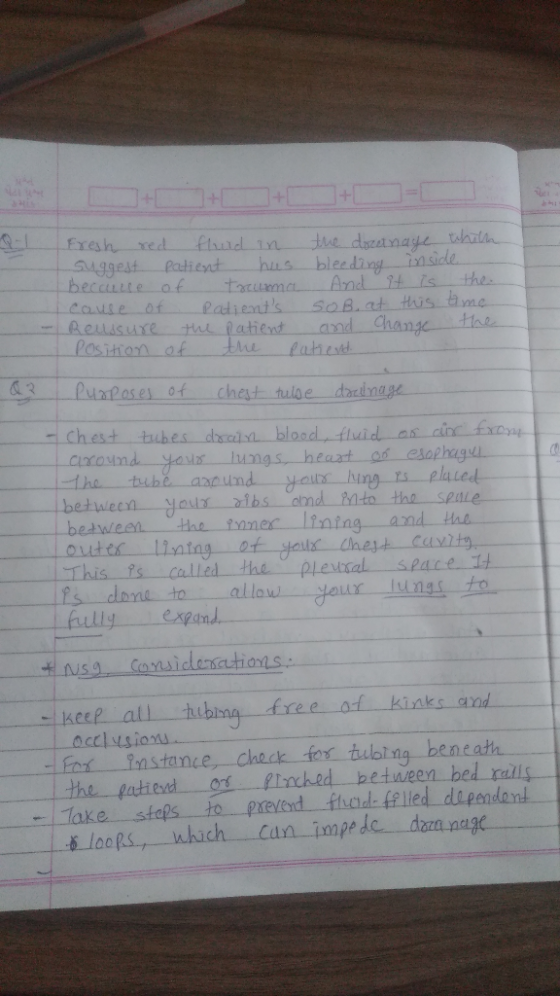 Exesh red fluid in the doetnaye thiln Patient because of cause of Reussure Position of hus bleeding nside. And it is SOB.at t