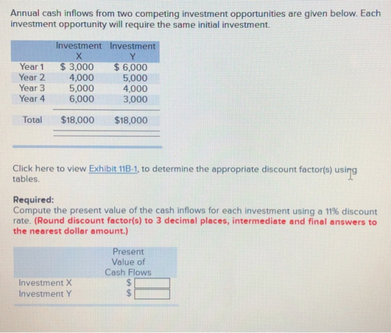 Annual cash inflows from two competing investment opportunities are given below. Each investment opportunity will require the