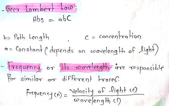 Beer Lambert Low: Abs abc Ⓡ = on b= Path Length concentration a= constante depends coavelength of light) - Frequency or fits
