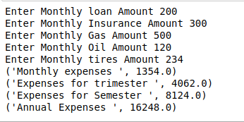 Enter Monthly loan Amount 200 Enter Monthly Insurance Amount 300 Enter Monthly Gas Amount 500 Enter Monthly Oil Amount 120 En