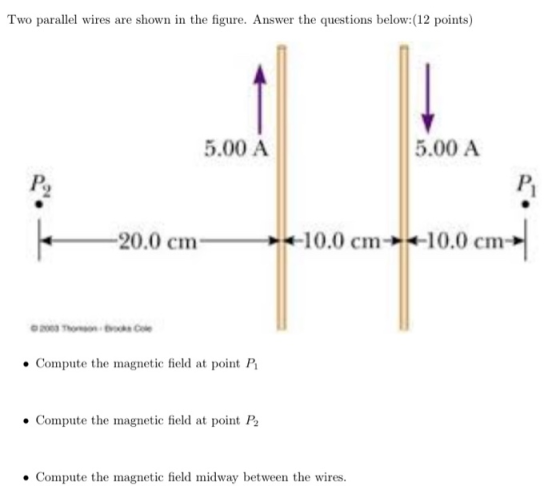 Two parallel wires are shown in the figure. Answer the questions below:(12 points) 5.00 A 5.00 A -20.0 cm +-10.0 cm+-10.0 cm