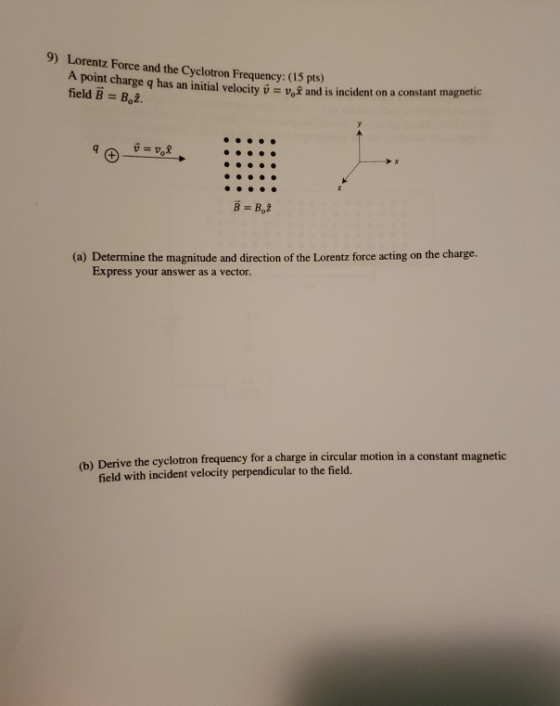 9) Lorentz Force and the Cyclotron Frequency: (15 pts) A point charge q has an initial velocity v = v. and is incident on a c