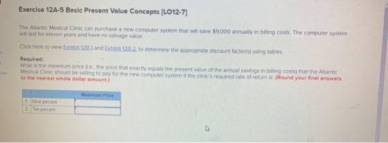 Exercise 12A-5 Basic Present Value Concepts [LO12-7) The Atlantic Medical Clinic can purchase a new computer system that will